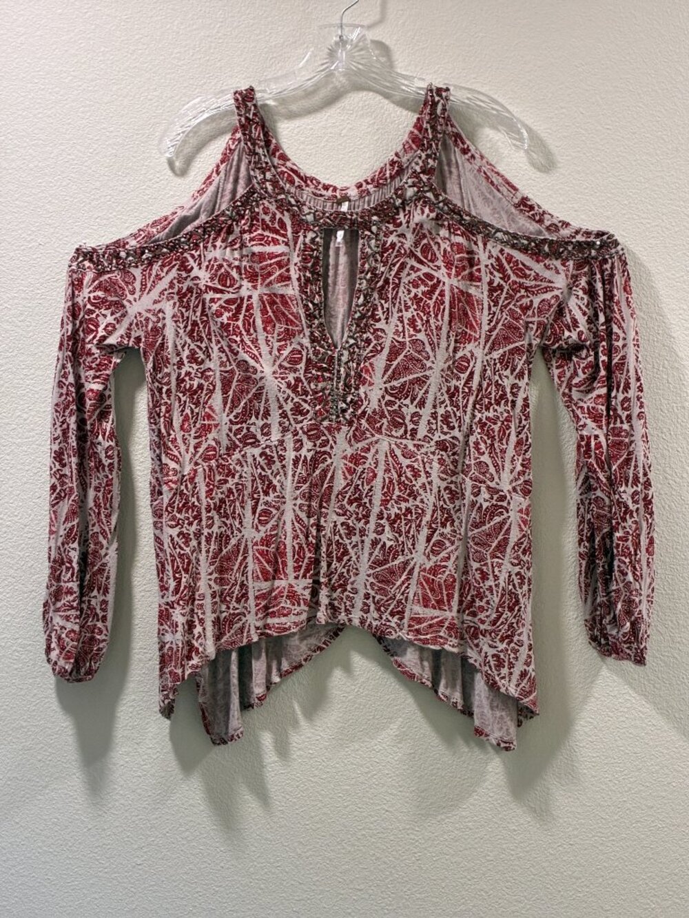 Free People Good Morning Red Gray Embellished Beaded Cold Shoulder Tunic M